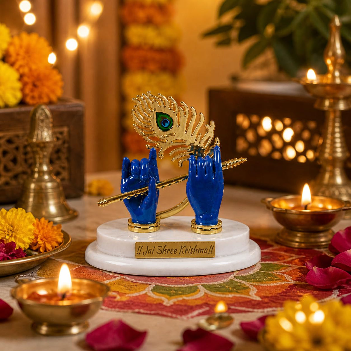 Krishna Flute Showpiece for Car Dashboard – Jai Shree Krishna Decorative Idol with Mor Pankh, Spiritual Dashboard Decor for Home Temple, Office Desk, Vastu Gift Item