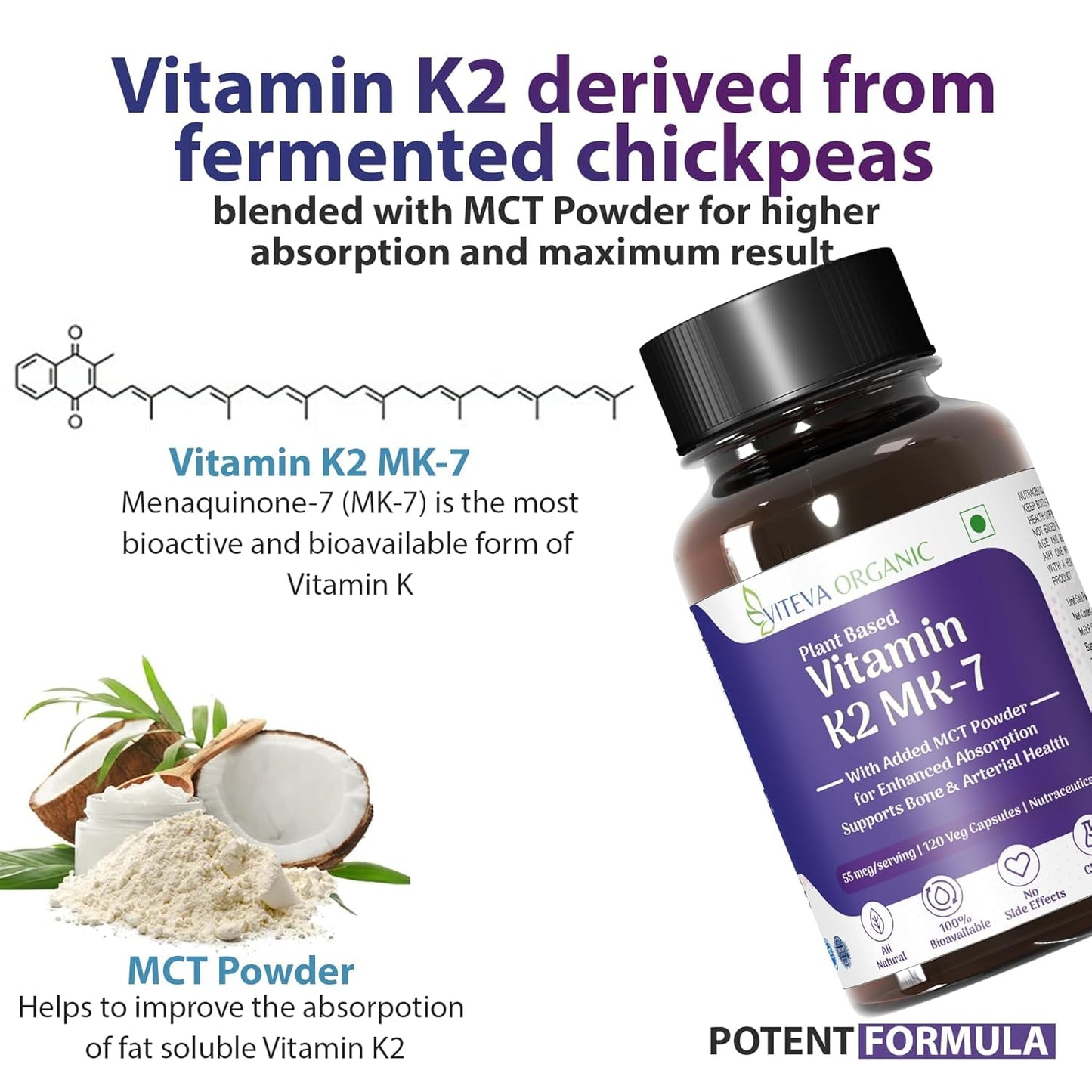 Vitamin K2 MK7 (Menaquinone-7) 55mcg 120 Veg Capsules Plant Based Vitamin K2 Supplement with MCT Powder for higher absorption - K2 MK7 Supports Strong Bones & Heart Health for Men & Women