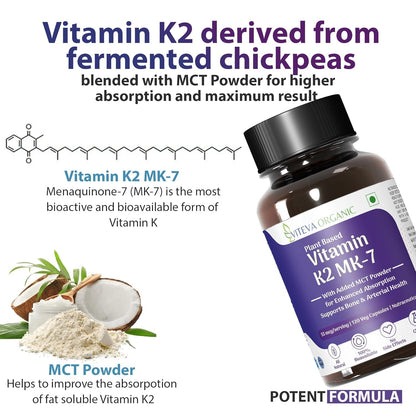 Vitamin K2 MK7 (Menaquinone-7) 55mcg 120 Veg Capsules Plant Based Vitamin K2 Supplement with MCT Powder for higher absorption - K2 MK7 Supports Strong Bones & Heart Health for Men & Women