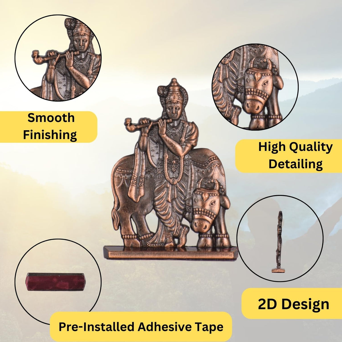 Sri Krishna with Cow & Bansuri Idol for Car Dashboard – Copper Finish Gopal Ji Statue Flute Pose Murti for Car & Temple (S935-CPR)
