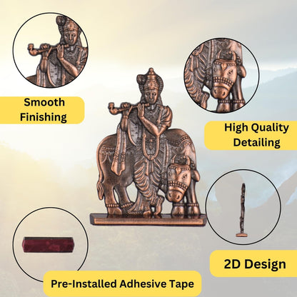 Sri Krishna with Cow & Bansuri Idol for Car Dashboard – Copper Finish Gopal Ji Statue Flute Pose Murti for Car & Temple (S935-CPR)