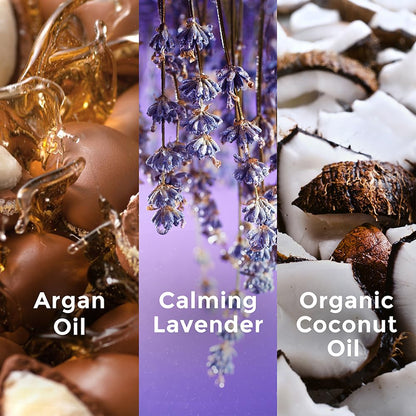 Three product images with labels for Argan Oil, Calming Lavender, and Organic Coconut Oil.