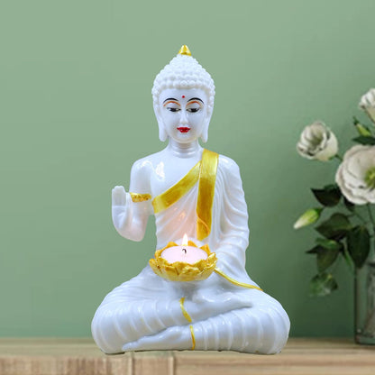 White Gold Buddha Sitting with TeaLight in Hand Polyresin Idol - Perfect for Living Room, Bedroom & Office Space Home Decor Wall Decoration Ideal Gifting (White Light Buddha)