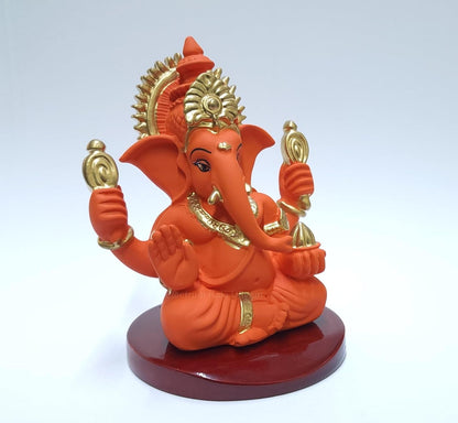 Handcrafted Poly Resin Ganesha Statue with Base - Perfect for Car Dashboard, Office Desk, Shelves, and Home Decor - Ideal Housewarming Gift! (4HandOrangeTerracottaMDf)