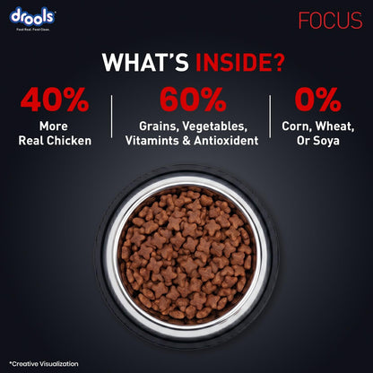 Drools Focus Premium Adult Dry Dog Food 1.2kg Pack | Chicken Flavour | Growth & Intelligence | Digestive Health | Healthy Skin & Coat | Improves Immunity