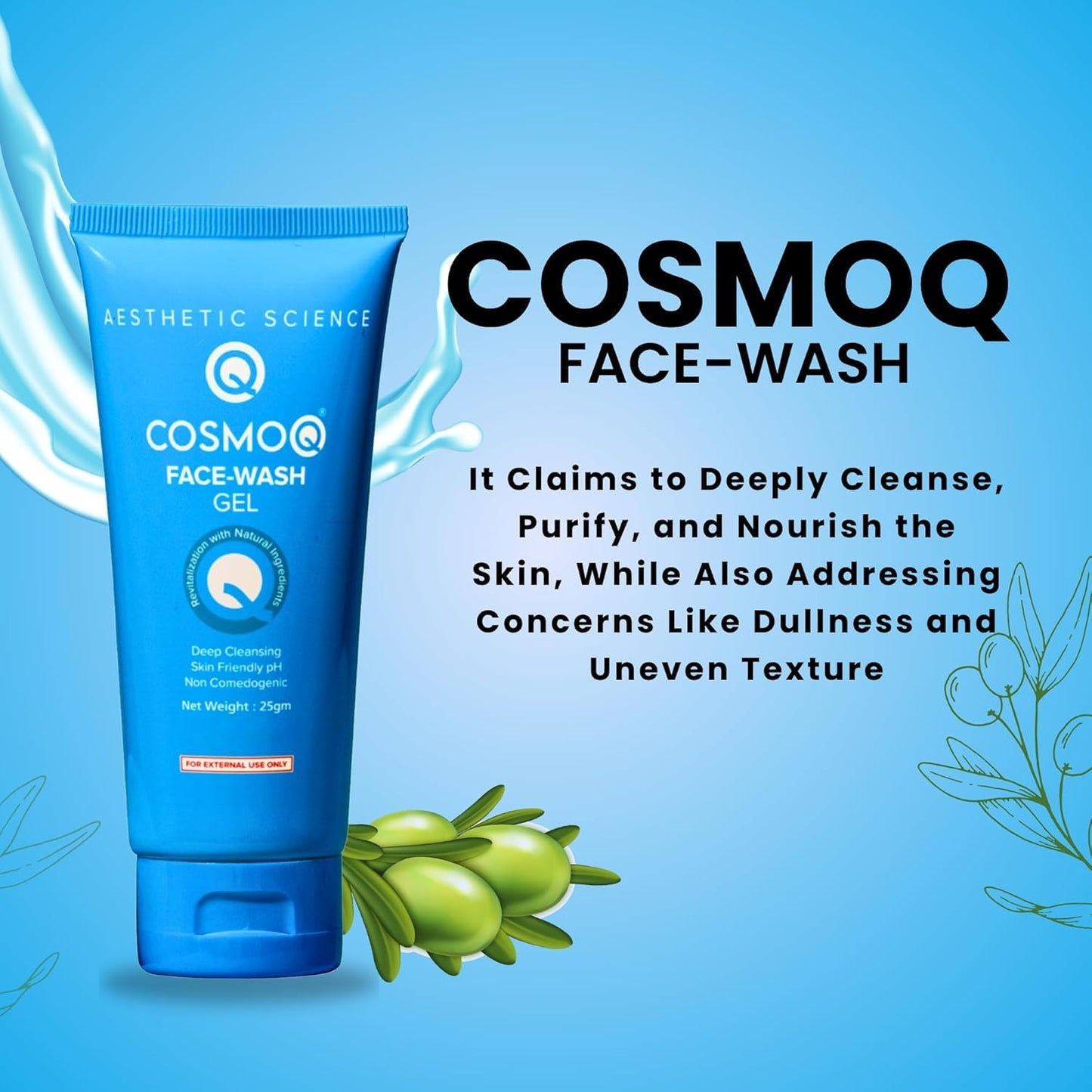 COSMOQ Gel Face Wash | 100ml Gel Cleanser for Men & Women | Deep Cleansing Formula | Gentle & Non-Comedogenic | pH-Balanced for Acne-Prone Skin