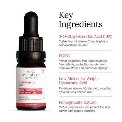 Juicy Chemistry 10% Vitamin C + EGCG Serum, 10ml | Brightening & Antioxidant Face Serum | Brightens Skin Tone | Reduces Hyperpigmentation | Healthy Skin Barrier | Smoothens Fine Lines & Wrinkles | Dermatologically Tested