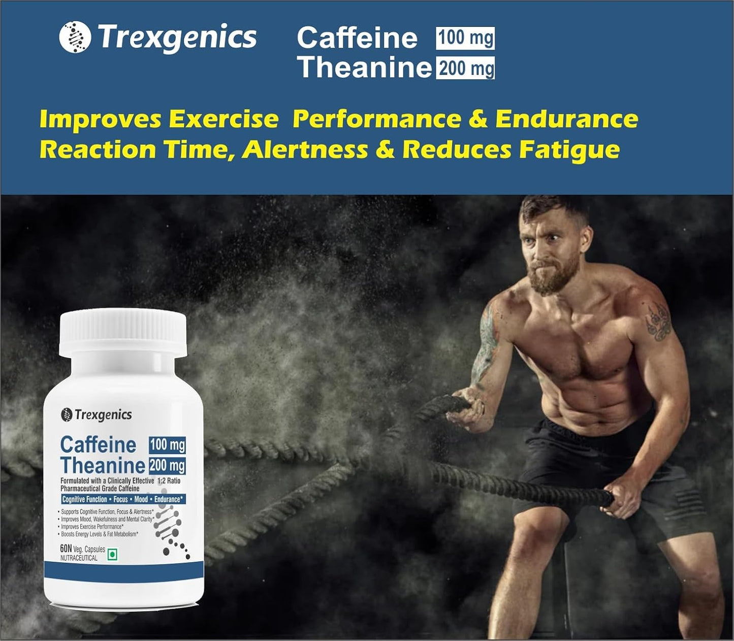 Trexgenics L-THEANINE 200 mg, CAFFEINE 100 mg Cognitive Function, Refresh, Focus, Mood, Endurance Support (Theanine 200mg + Caffeine 100mg (60 Veg Caps))