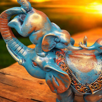 Fiber Resin Mother Elephant with 2 Lovely Babies Home Decor Idol | Blue Gold Decorative Animal Showpiece for Living Room, Bedroom, Office & Gifting | 25x15x30 cm (Regular Quality)