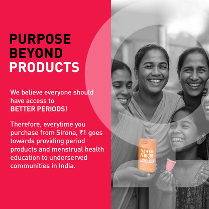 Advertisement for Sirona period products with a pink background and text about access to better periods.