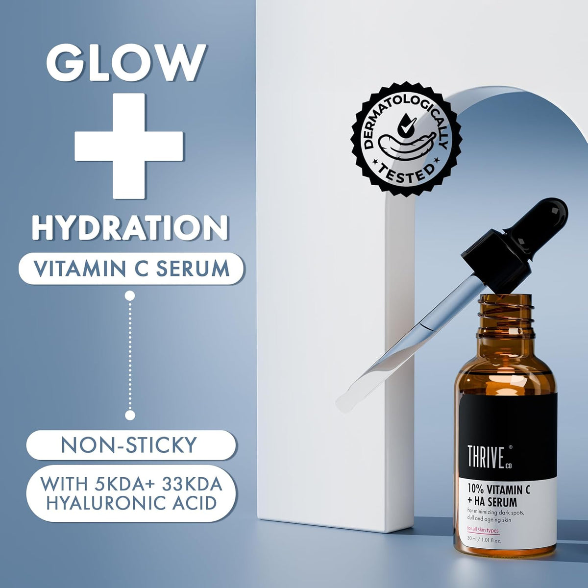 Vitamin C serum bottle with dropper on a light blue background, featuring 'Thrive' brand.