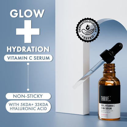 Vitamin C serum bottle with dropper on a light blue background, featuring 'Thrive' brand.
