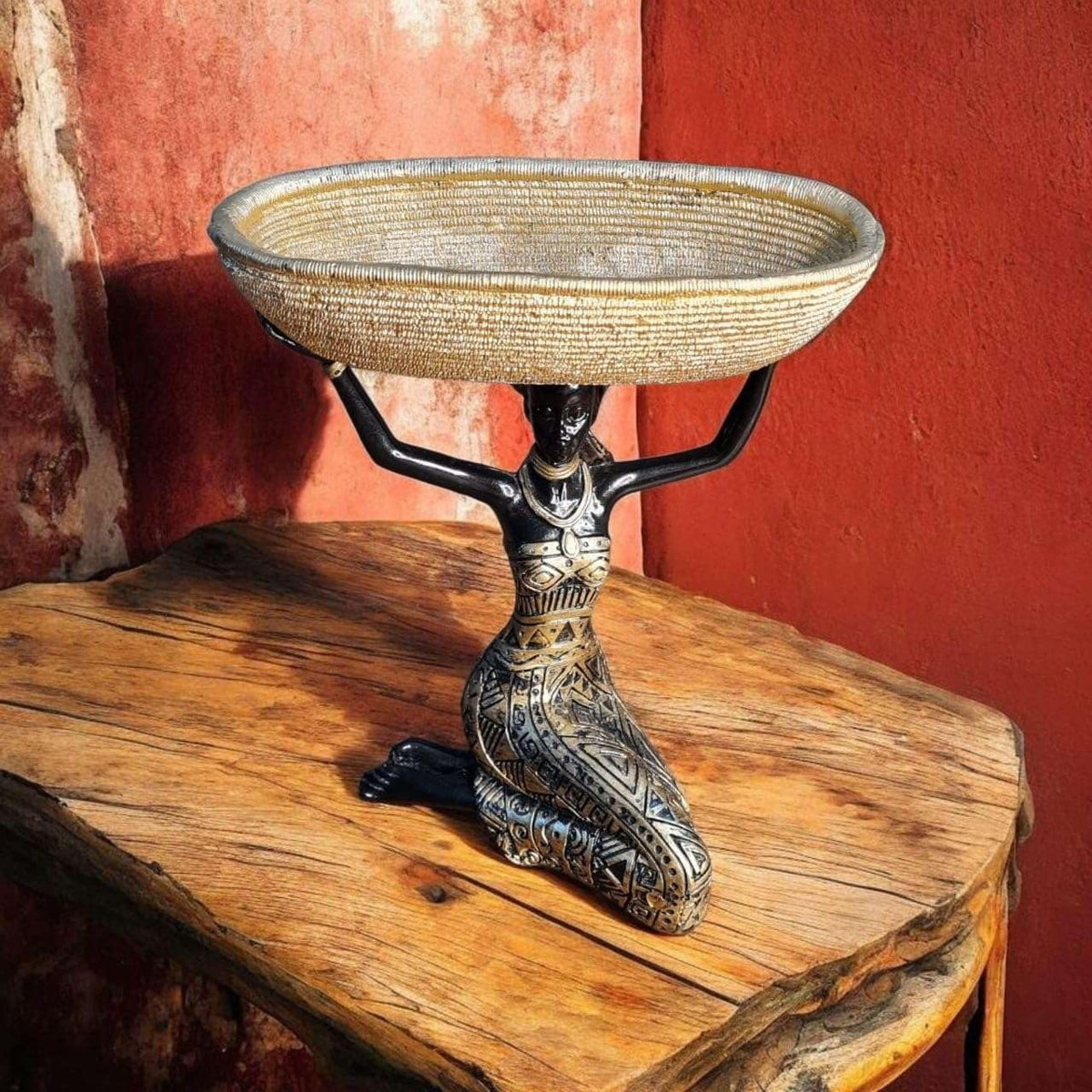 Polyresin African Lady Idol Pair for Home Decor | Tribal Woman Holding Basket Bowl Showpiece | Modern Art Table Accent | 20x15x23 cm | Regular Quality
