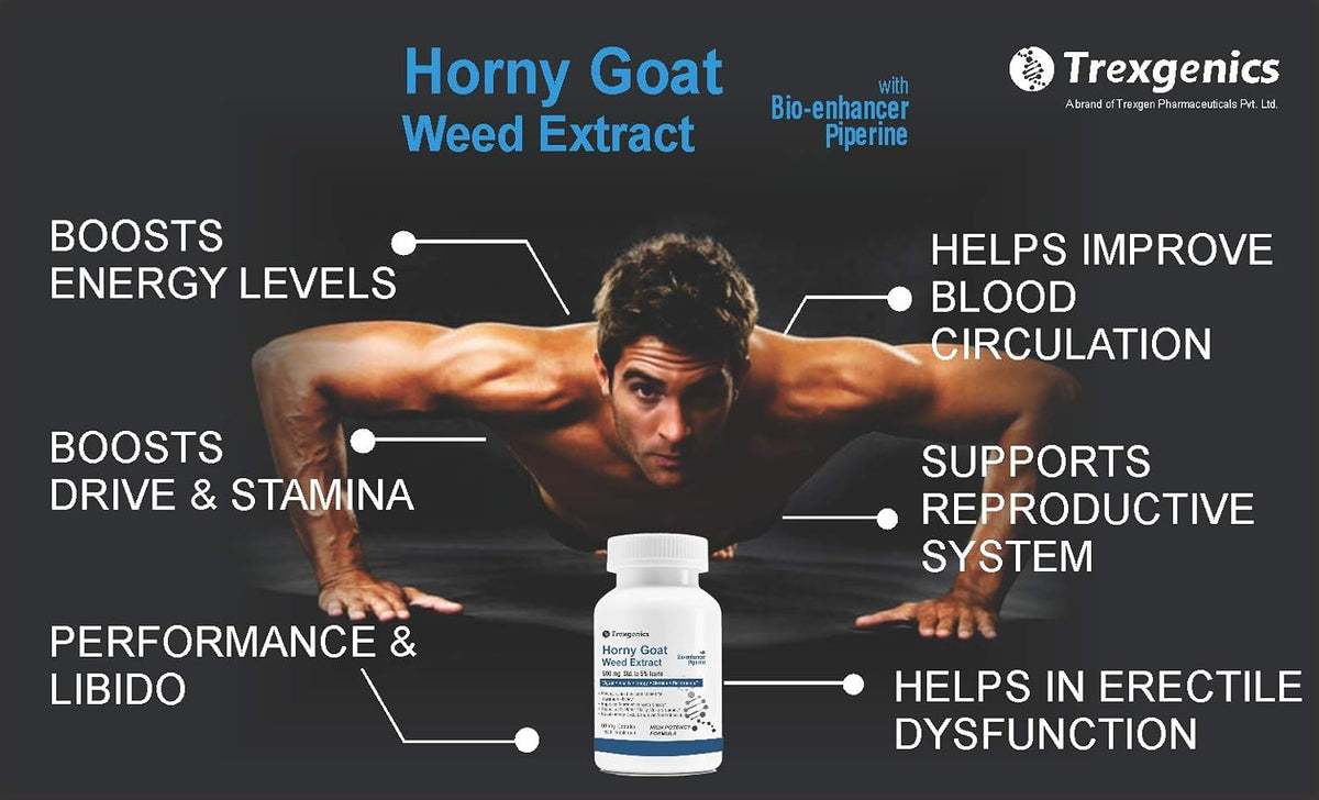 Advertisement for Horny goat weed extract with a man doing push-ups and product packaging.