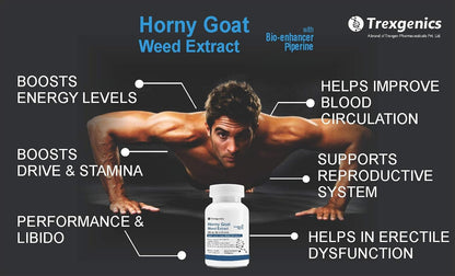 Advertisement for Horny goat weed extract with a man doing push-ups and product packaging.