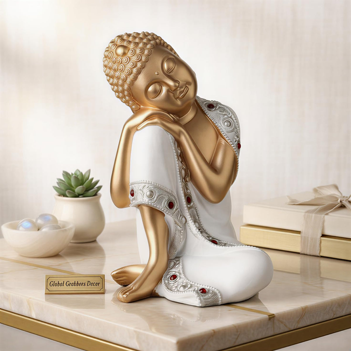 Buddha Idol Statue | Show Pieces for Home Decor Living Room (White Golden)