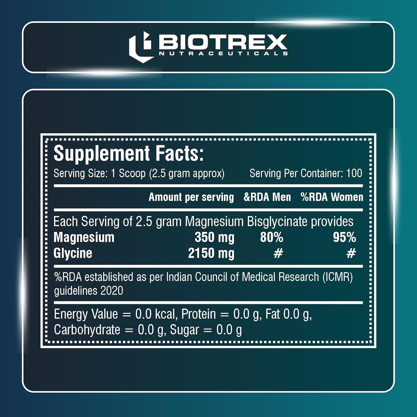 Biotrex Nutraceuticals Magnesium Bisglycinate Powder | Sleep, Cramps, Nerve & Muscle Health | Mood Balance & Energy Production | High Absorption - 250Gram (100 Servings)
