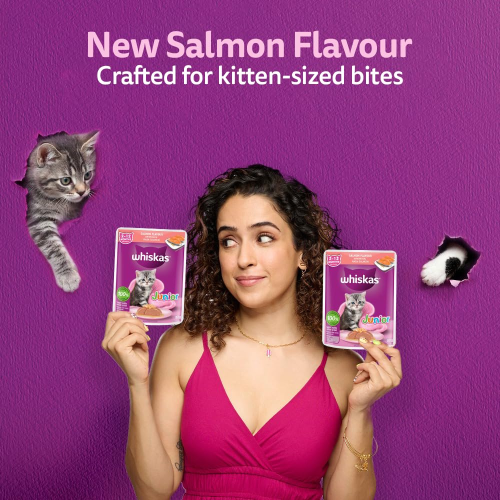 Whiskas Junior Kitten (2-12 Months) Wet Cat Food, Salmon in Jelly Flavour, 80 g, Hydrating Food Made with Real Fish, 100% Complete & Balanced Nutrition for Kittens