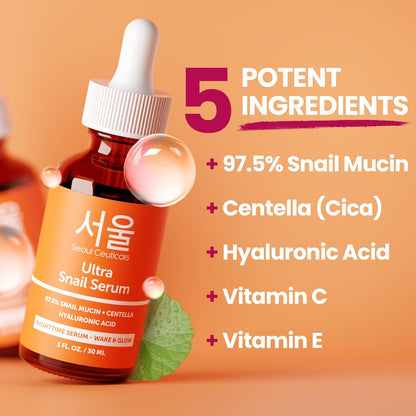 SeoulCeuticals Korean Snail Mucin Serum – 97.5% Snail Serum with Hyaluronic Acid & Centella – Anti Wrinkle & Anti Aging Serum for Face – K Beauty Night Skincare - 30ml