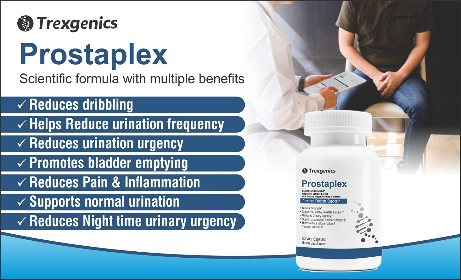 Trexgenics Prostaplex supplement bottle with product benefits listed on a white background