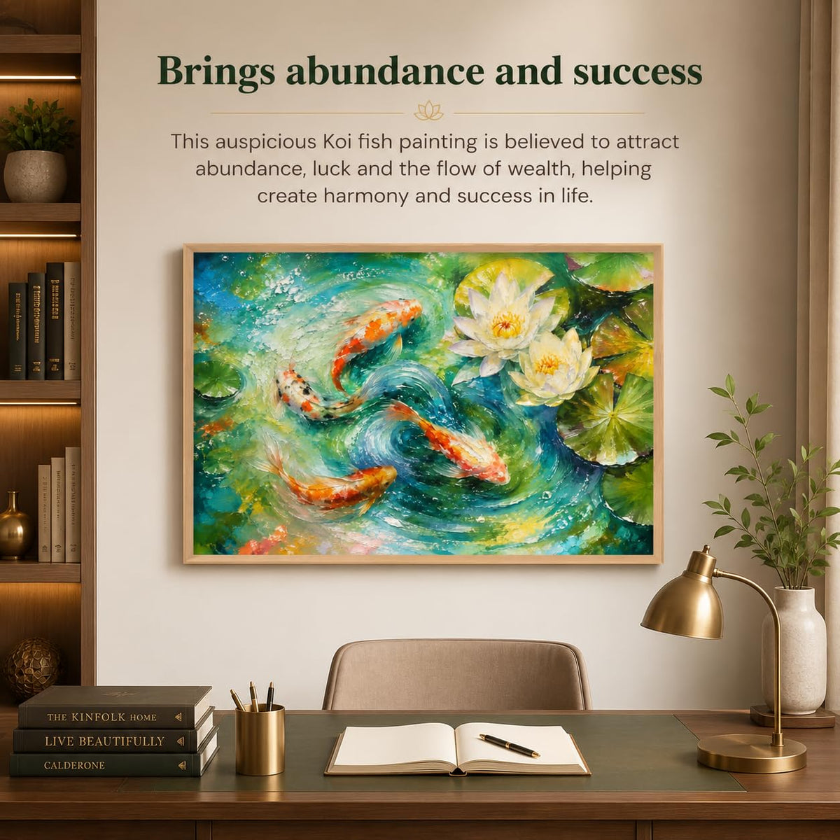 Koi Fish Lotus Pond Vastu Wall Painting for Living Room Bedroom Hall Office Decor, Water Lily Nature Artwork, Premium Wooden Synthetic Frame (13.5 x 19.5 Inch) NM01-V-178