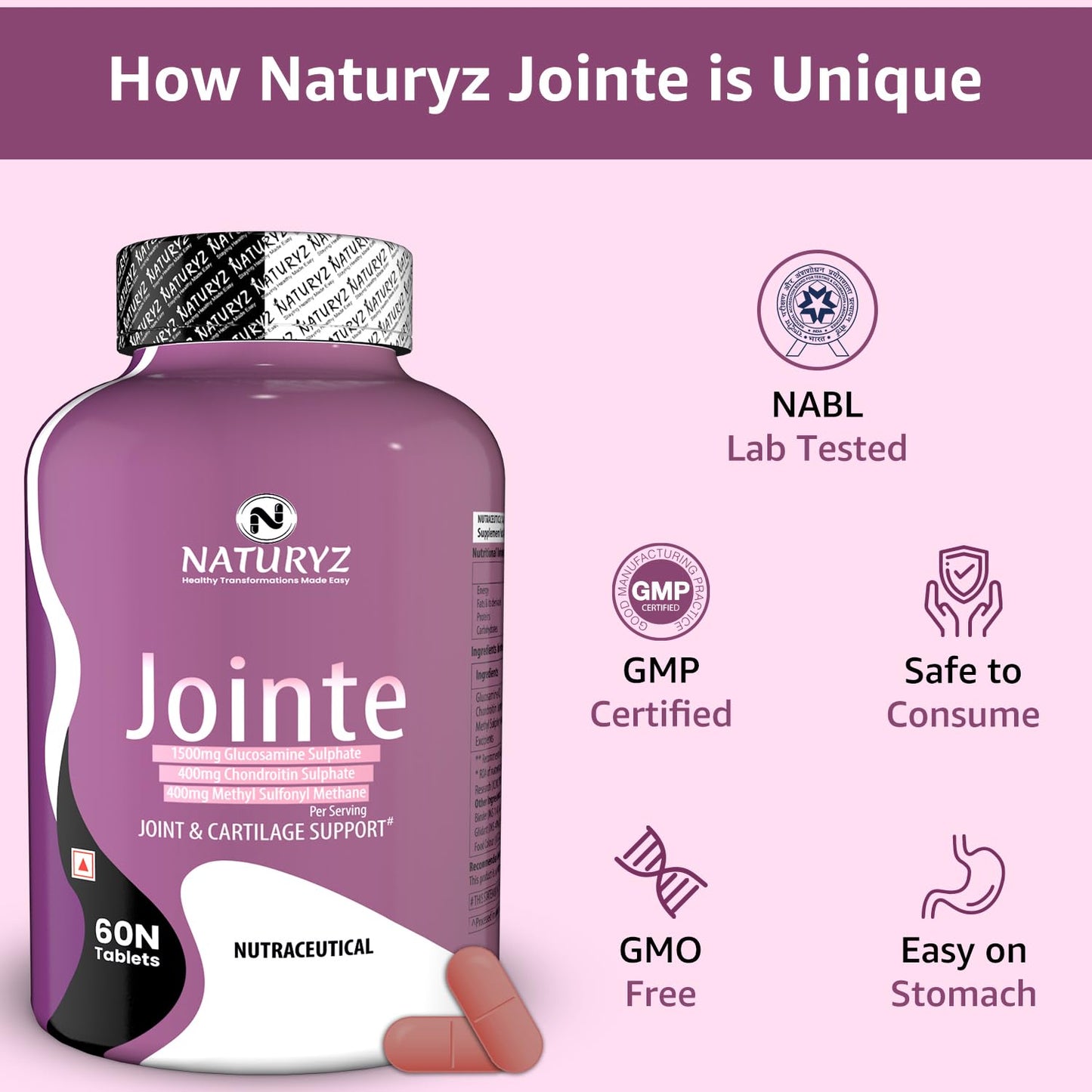 Purple bottle of Naturyz Jointe with certification logos on a pink background