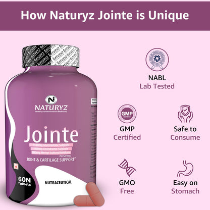 Purple bottle of Naturyz Jointe with certification logos on a pink background
