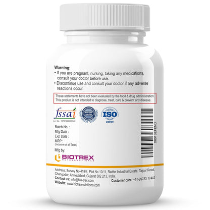Biotrex Nutraceuticals Magnesium Glycinate | Highest Bioavailability | Cramps, Sleep & Mood balance | Chelated Form With Superior Absorption | Muscle Recovery & Nerve Function | 60 Veg Capsules
