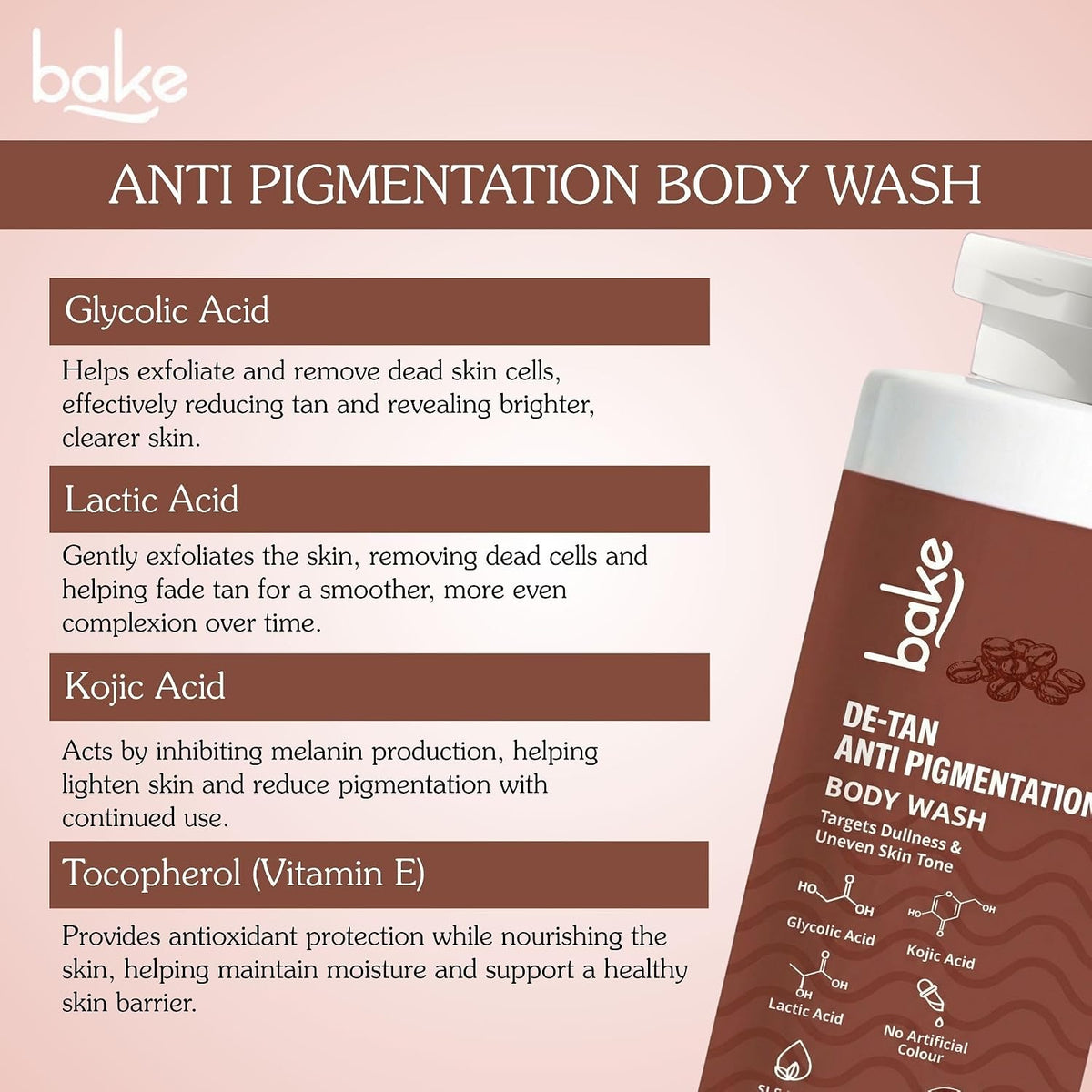 BAKE De-Tan Anti Pigmentation Coffee Body Wash with Kojic Acid, Glycolic Acid, Lactic Acid for Dark Spots, Pigmentation, Tanning & Tan Removal | For Men & Women | 300ml