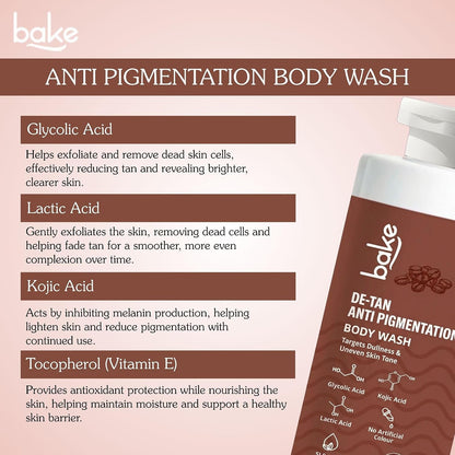 BAKE De-Tan Anti Pigmentation Coffee Body Wash with Kojic Acid, Glycolic Acid, Lactic Acid for Dark Spots, Pigmentation, Tanning & Tan Removal | For Men & Women | 300ml