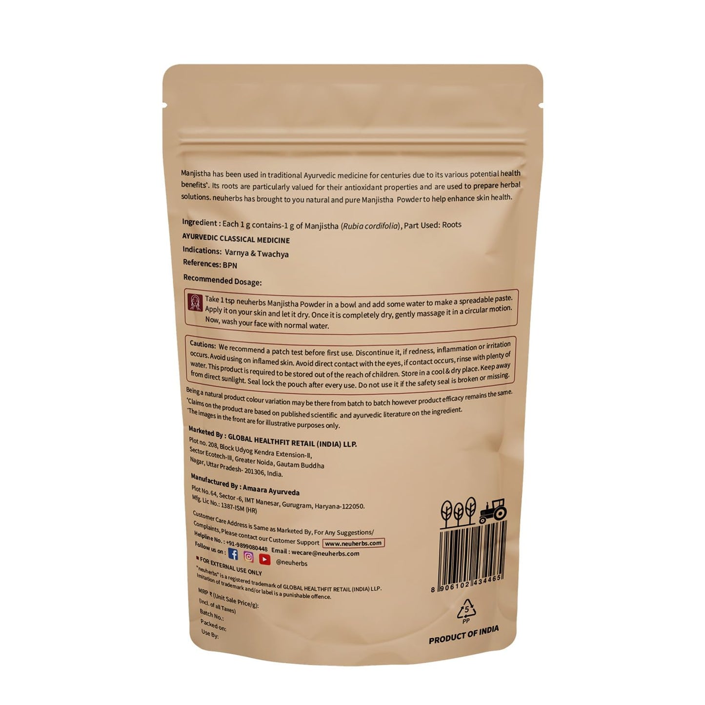 Neuherbs Manjistha Powder 100g For Men & Women | Pure & Natural Powder for Clean and Glowing Skin | Cruelty & Paraben Free | With No Artificial Colour & Additives