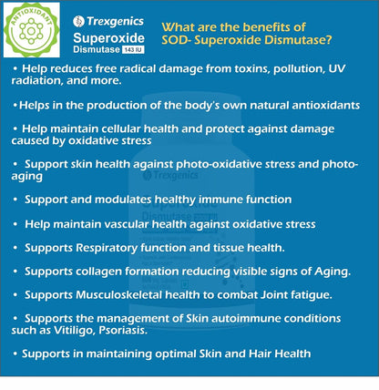 Promotional graphic about the benefits of SOD (Superoxide Dismutase) from Trexgenics on a blue background.