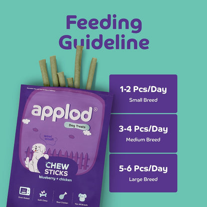 Applod Blueberry & Chicken Chew Sticks for Puppies & Adult Dogs | Soft & Chewy Training Treats for All Breeds | Healthy Easy-to-Chew Dog Snacks | 70g