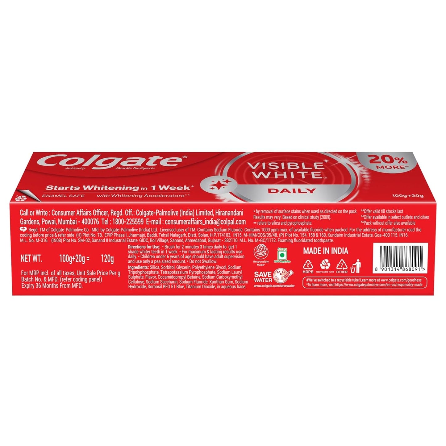 Colgate Visible White Toothpaste, Teeth Whitening Starts in 1 week, Safe on Enamel, Stain Removal Tooth Paste and Minty Flavour for Fresh Breath (100g + 20g)