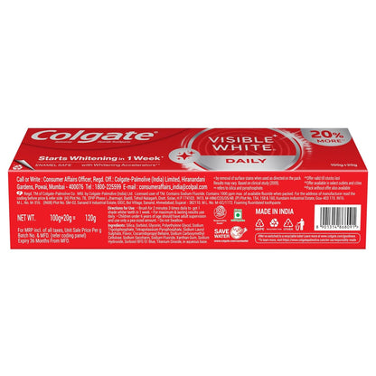 Colgate Visible White Toothpaste, Teeth Whitening Starts in 1 week, Safe on Enamel, Stain Removal Tooth Paste and Minty Flavour for Fresh Breath (100g + 20g)