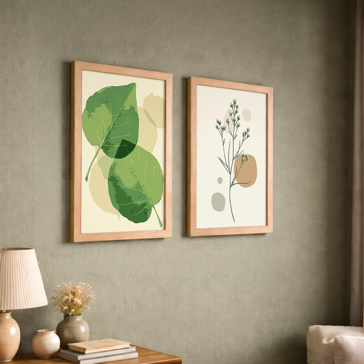 Minimalist Botanical Wall Art Set of 2, Green Leaf & Floral Line Art Prints, Beige Wooden Framed Decor for Living Room, Bedroom & Office, Ready to Hang (Natural, Art-1, 13x10 Inch)