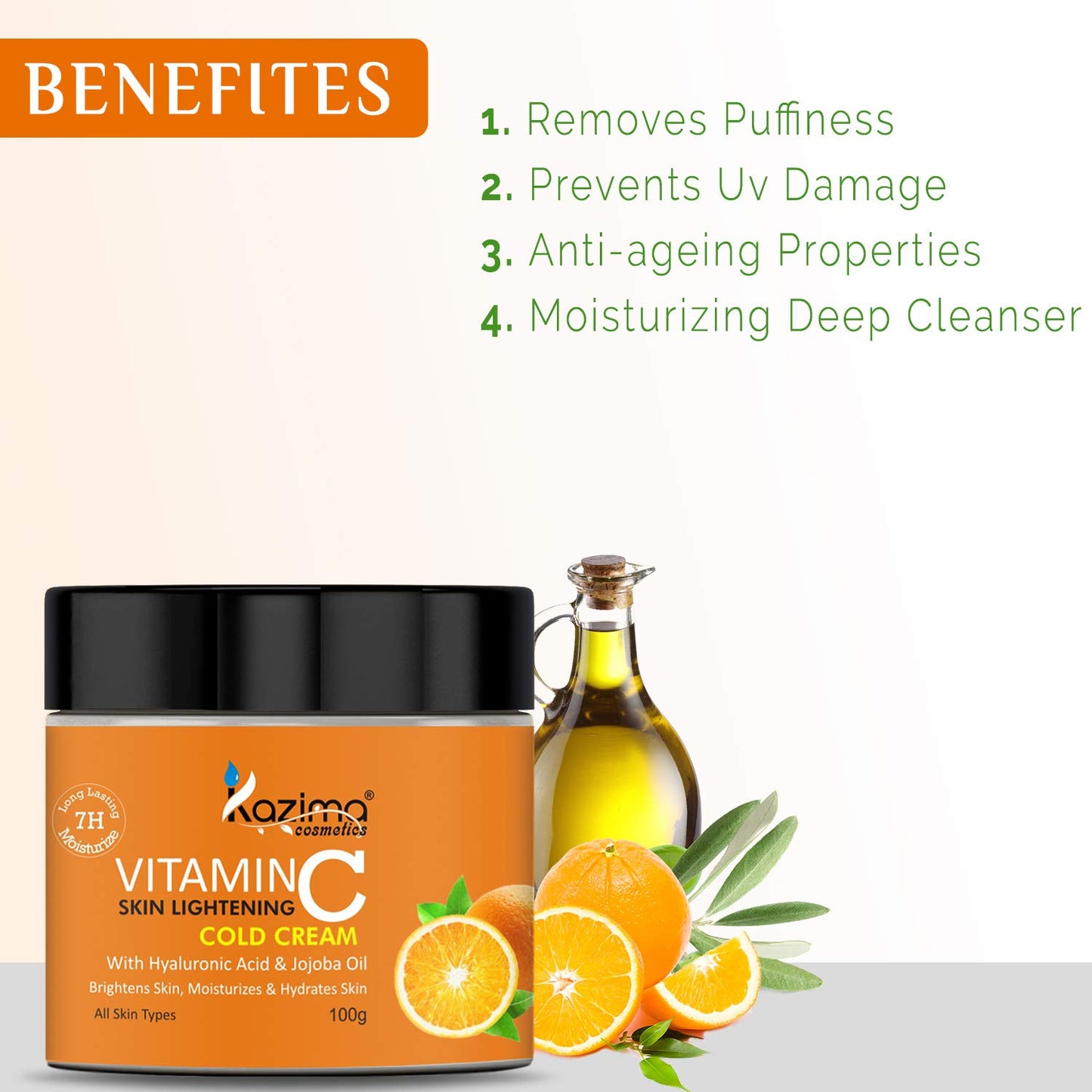 KAZIMA VITAMIN-C SKIN LIGHTENING COLD CREAM (100g) with Hyaluronic & Jojoba Oil