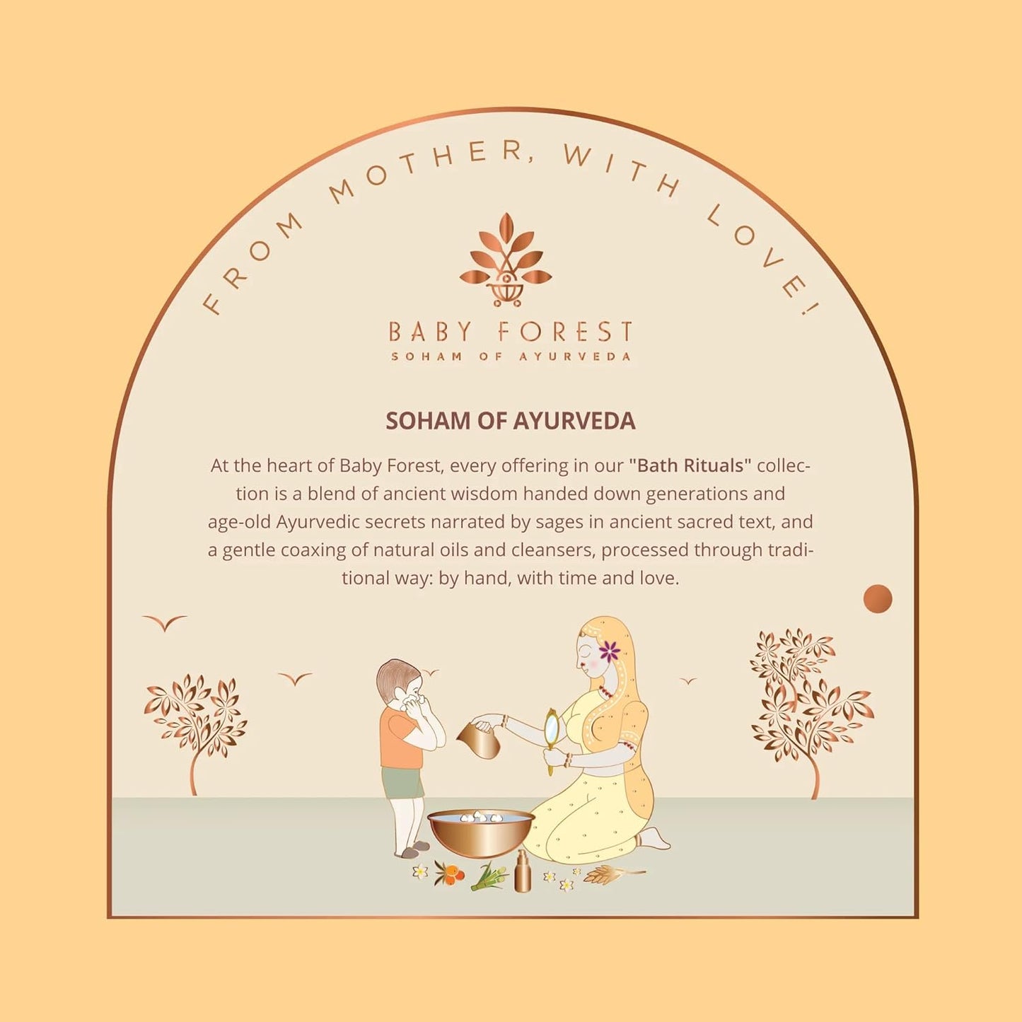 Baby Forest advertisement with text and illustration of a mother and child, featuring the brand 'Soham of Ayurveda'.