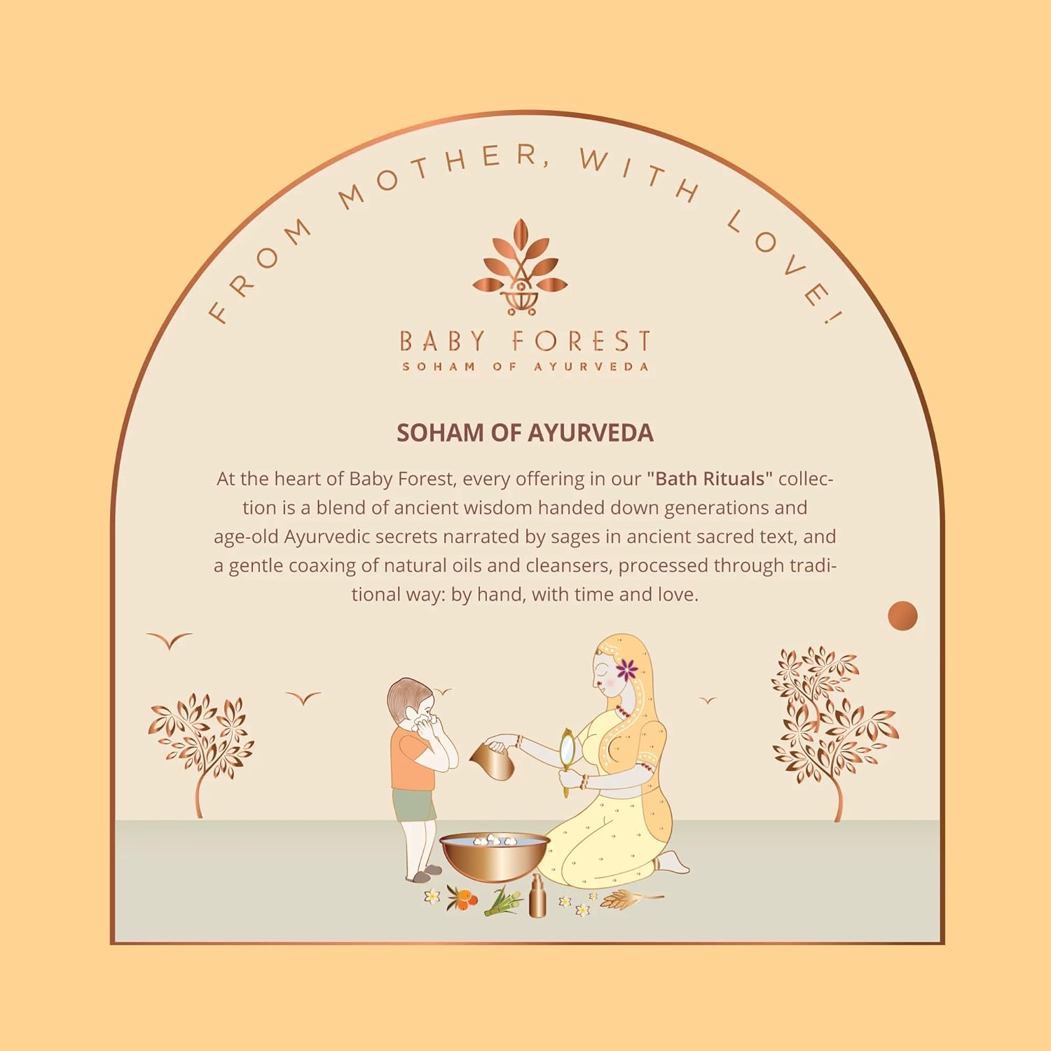 Baby Forest advertisement with text and illustration of a mother and child, featuring the brand 'Soham of Ayurveda'.
