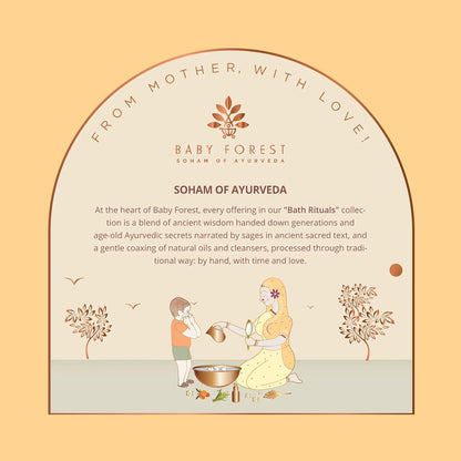 Baby Forest advertisement with text and illustration of a mother and child, featuring the brand 'Soham of Ayurveda'.