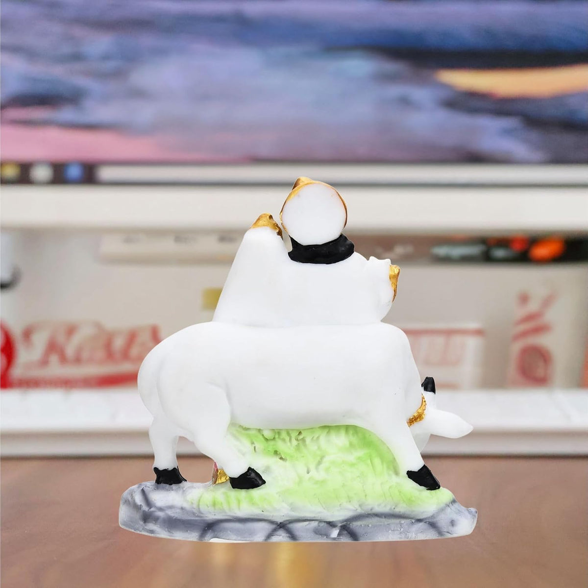 Kamdhenu Cow Calf Resin with Radha Krishna Home Office Resin Marti Figurine Puja Room Mandir Temple Home Décor Decoration Item and Gifts Wedding Housewarming Gift10 Cm,10 Cm