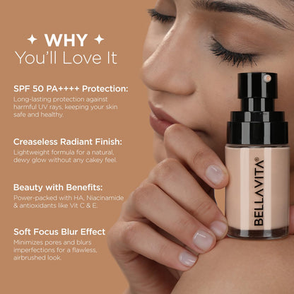 Bellavita foundation bottle with text highlighting features on a brown background