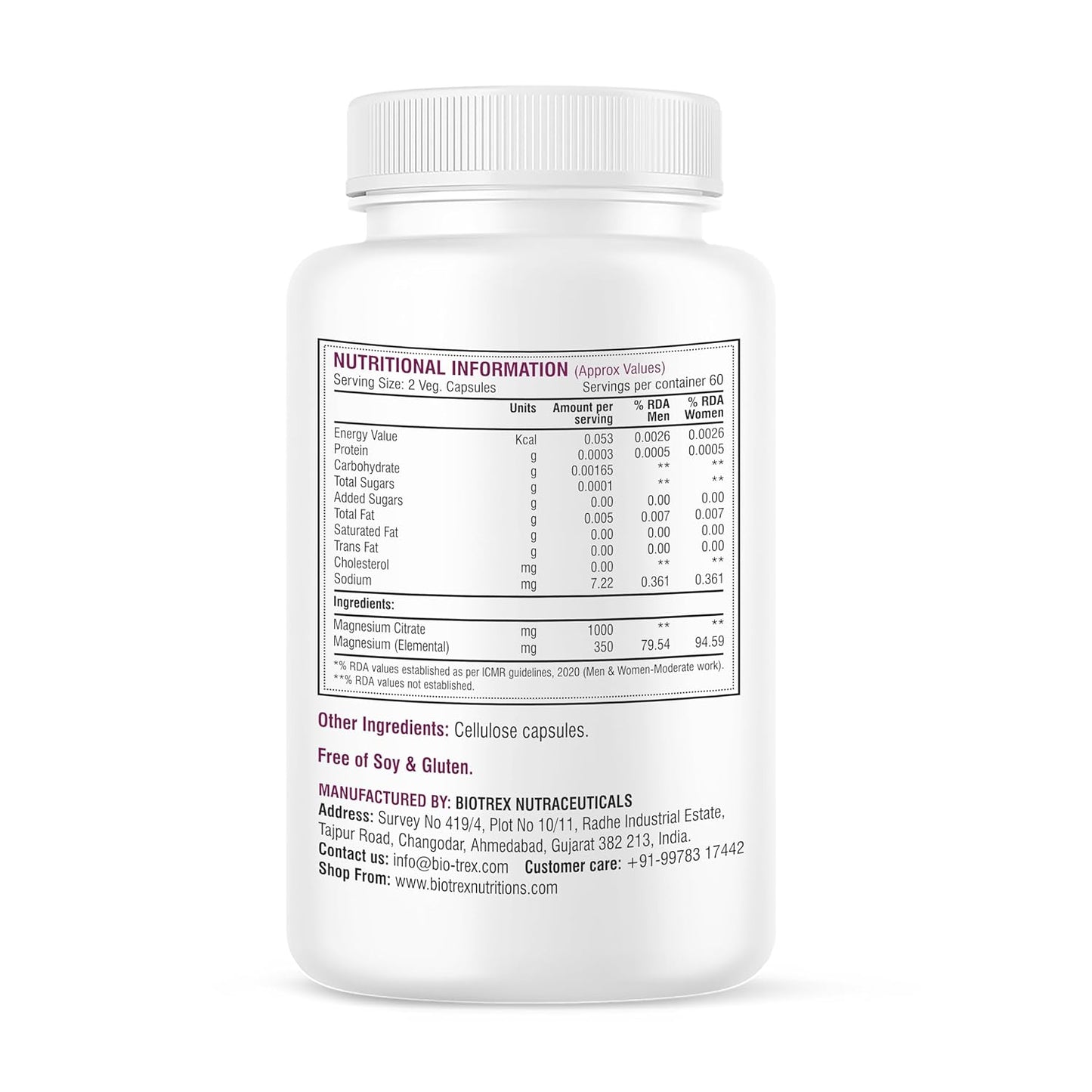 Biotrex Nutraceuticals Magnesium Citrate Supplement, Supports Bone & Sleep Health - 120 Vegetarian Capsules