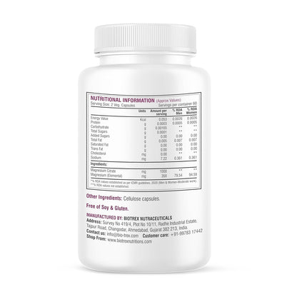 Biotrex Nutraceuticals Magnesium Citrate Supplement, Supports Bone & Sleep Health - 120 Vegetarian Capsules