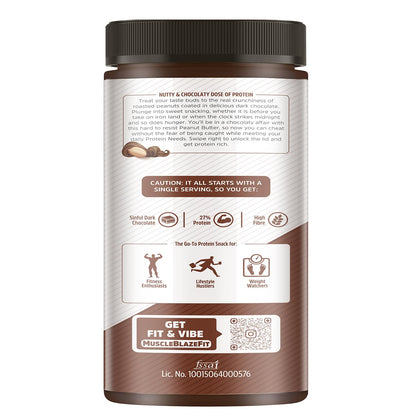 MuscleBlaze High Protein Peanut Butter With Pea Protein & Whey Protein Concentrate, Crunchy, 203 G Protein, Dark Chocolate Spread, 750 Gram