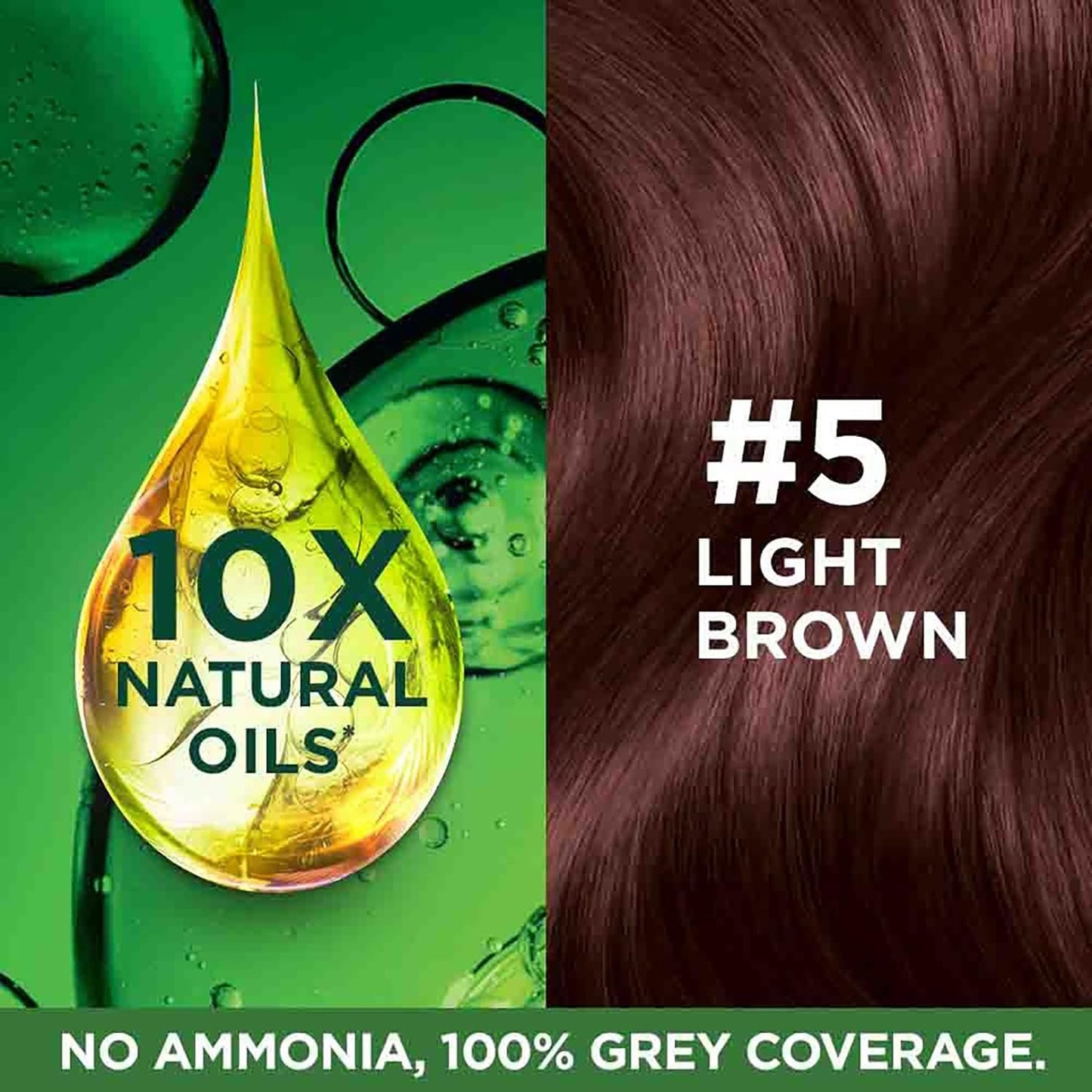 Hair color product with oil droplet graphic and light brown hair color swatch.