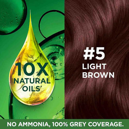 Hair color product with oil droplet graphic and light brown hair color swatch.