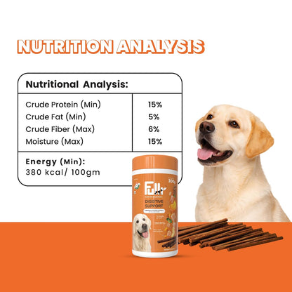 Fullr Digestive Care Dog Treats | Soft & Chewy Sticks with Pumpkin & Spinach | Supports Digestion, Gut Health & Immunity | Healthy Dog Treats for All Breeds & All Life Stages, 300 g