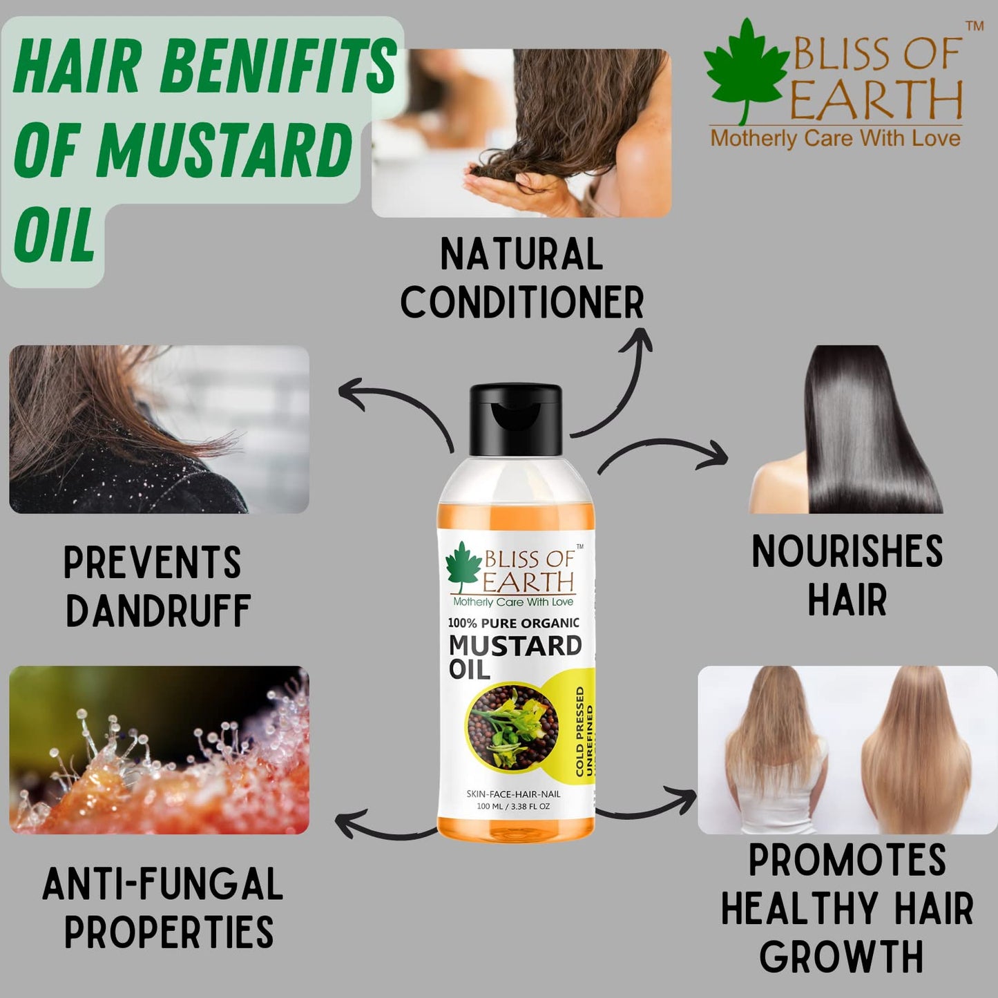 Bliss of Earth Mustard Oil for Hair, 100% Pure Organic & Hexane Free, Organic Mustard Oil, Cold Pressed, Baby-Friendly, Antibacterial, 100ml,