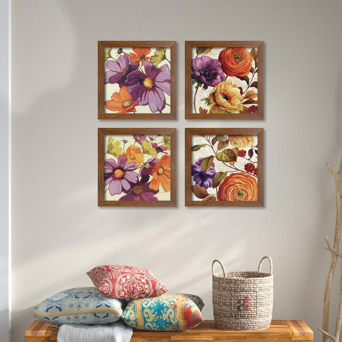Flower wall art Painting for living room, Botanical floral Framed painting, set of 4, 9x9 Inch